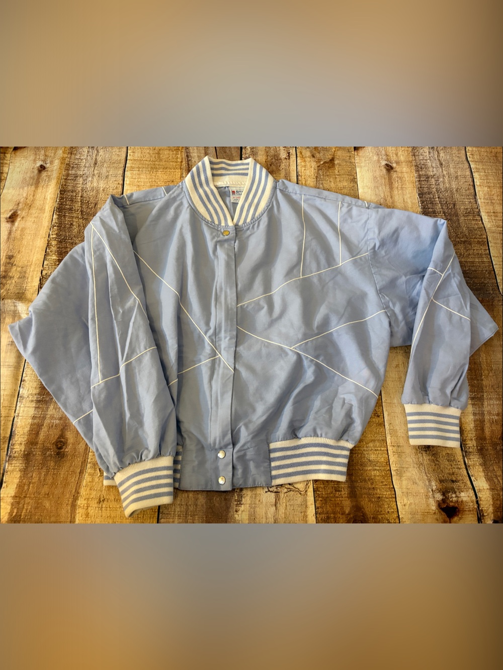 Vintage 80’s Light Blue Striped Ribbed Collar Bomber Jacket